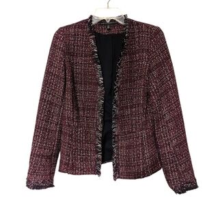 White House Black Market Women's Burgundy Tweed Fringe Preppy Blazer Jacket 0